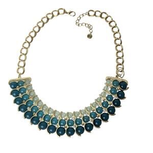 Talbots Beaded Bib Necklace Blue Green Clear Rhinestone Accents Gold Tone Chain